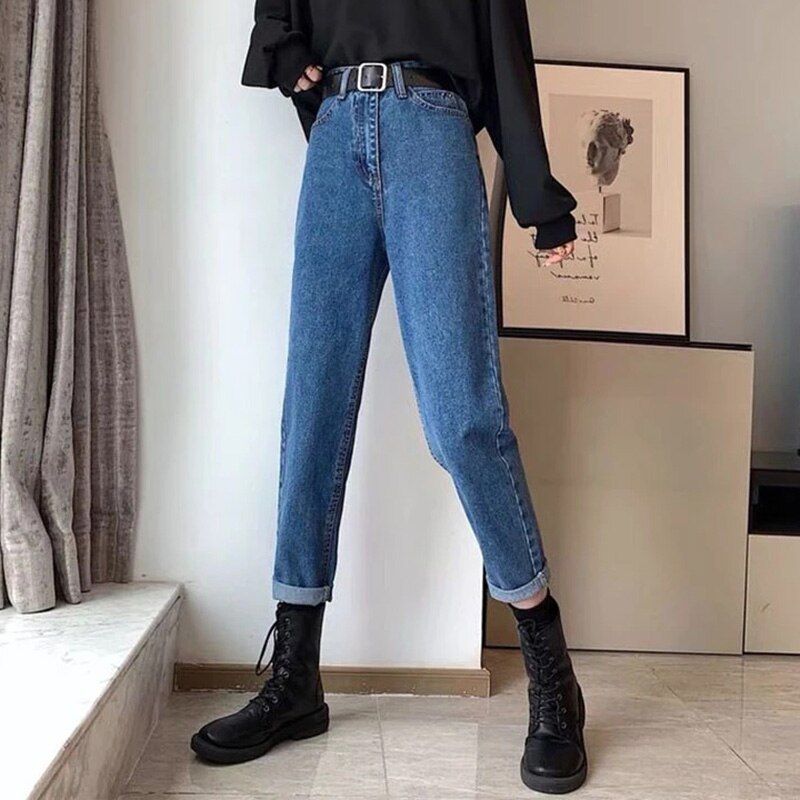 Retro Navy Blue High Waist Jeans Spring and Autumn Women&s Basic Loose Soft Wear-Resistant Drape Pencil Straight-Leg